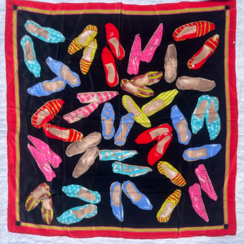Echo Silk Scarf with Multicolor Shoe Motif on Black